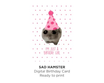Digital Sad Hamster Birthday Card | Print-at-Home | Pink Party Hat  Postcard | Viral Social Media Meme | I&#39;m Just a Birthday Girl