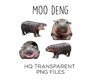 Moo Deng Digital Art Set - 4 High-Resolution Transparent background PNG Files, Cute Hippo in Various Poses, Perfect for Crafting and Design
