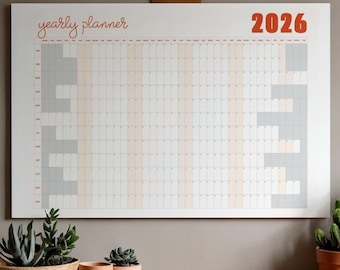 Aperçu annuel du calendrier 2026 | Aperçu de l'année | Code couleur imprimable chaque année | Calendrier mural A1 et A2 | Téléchargement numérique