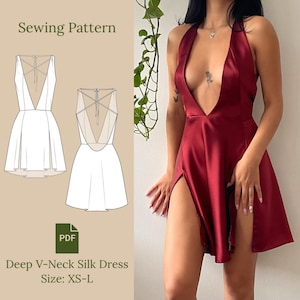 Deep V-Neck Silk Dress Sewing Pattern PDF XS-L