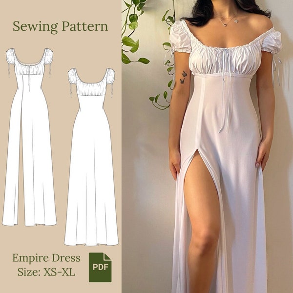 Patron de couture robe froncée Empire PDF XS-XL