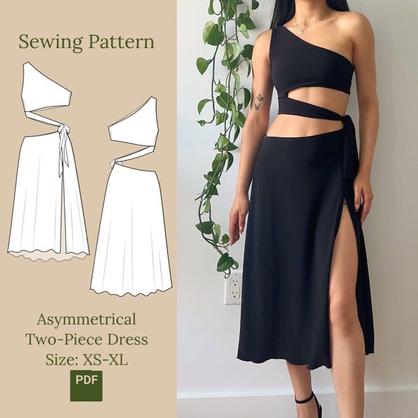 Asymmetrical Two-Piece Dress Sewing Pattern PDF XS-XL