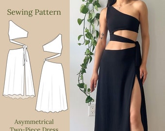 Asymmetrical Two-Piece Dress Sewing Pattern PDF XS-XL