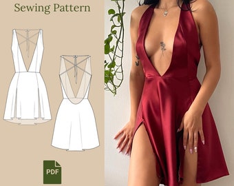 Deep V-Neck Silk Dress Sewing Pattern PDF XS-L