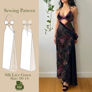 Könnte beinhalten: Ein Schnittmuster für ein Seidenspitzenkleid mit tiefem Ausschnitt und hohem Schlitz. Das Schnittmuster ist in den Größen 00-14 erhältlich und ein PDF-Download.