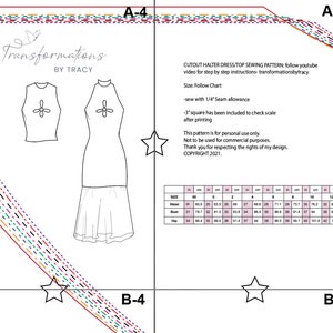 May include: A black and white line drawing of a halter dress and top sewing pattern. The pattern includes a size chart with measurements in inches and centimeters. The text "CUTOUT HALTER DRESS/TOP SEWING PATTERN: follow youtube video for step by step instructions-transformationsbytracy" is included. The text "Size: Follow Chart" is included. The text "-sew with 1/4" Seam allowance" is included. The text "-3" square has been included to check scale after printing" is included. The text "This pattern is for personal use only. Not to be used for commercial purposes. Thank you for respecting the rights of my design. COPYRIGHT 2021." is included.