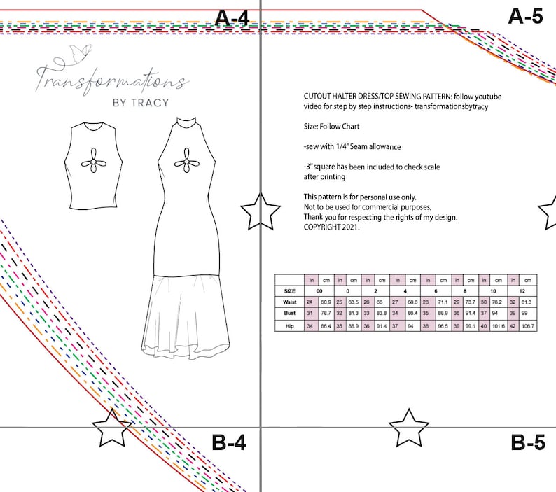 May include: A black and white line drawing of a halter dress and top sewing pattern. The pattern includes a size chart with measurements in inches and centimeters. The text "CUTOUT HALTER DRESS/TOP SEWING PATTERN: follow youtube video for step by step instructions-transformationsbytracy" is included. The text "Size: Follow Chart" is included. The text "-sew with 1/4" Seam allowance" is included. The text "-3" square has been included to check scale after printing" is included. The text "This pattern is for personal use only. Not to be used for commercial purposes. Thank you for respecting the rights of my design. COPYRIGHT 2021." is included.