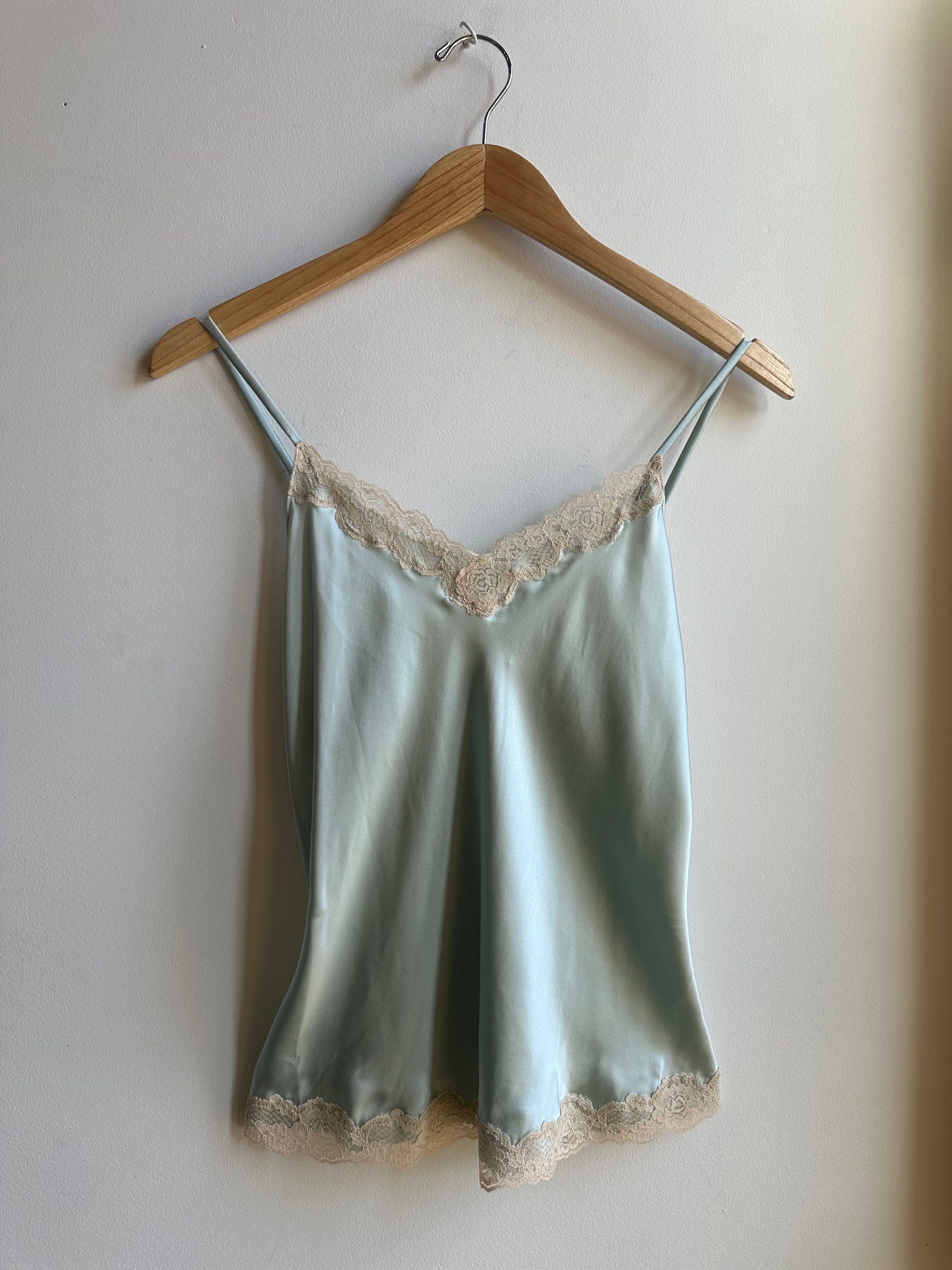 90s Vintage Emerald Green Floral Lace Sheer Cami Top [M] – The