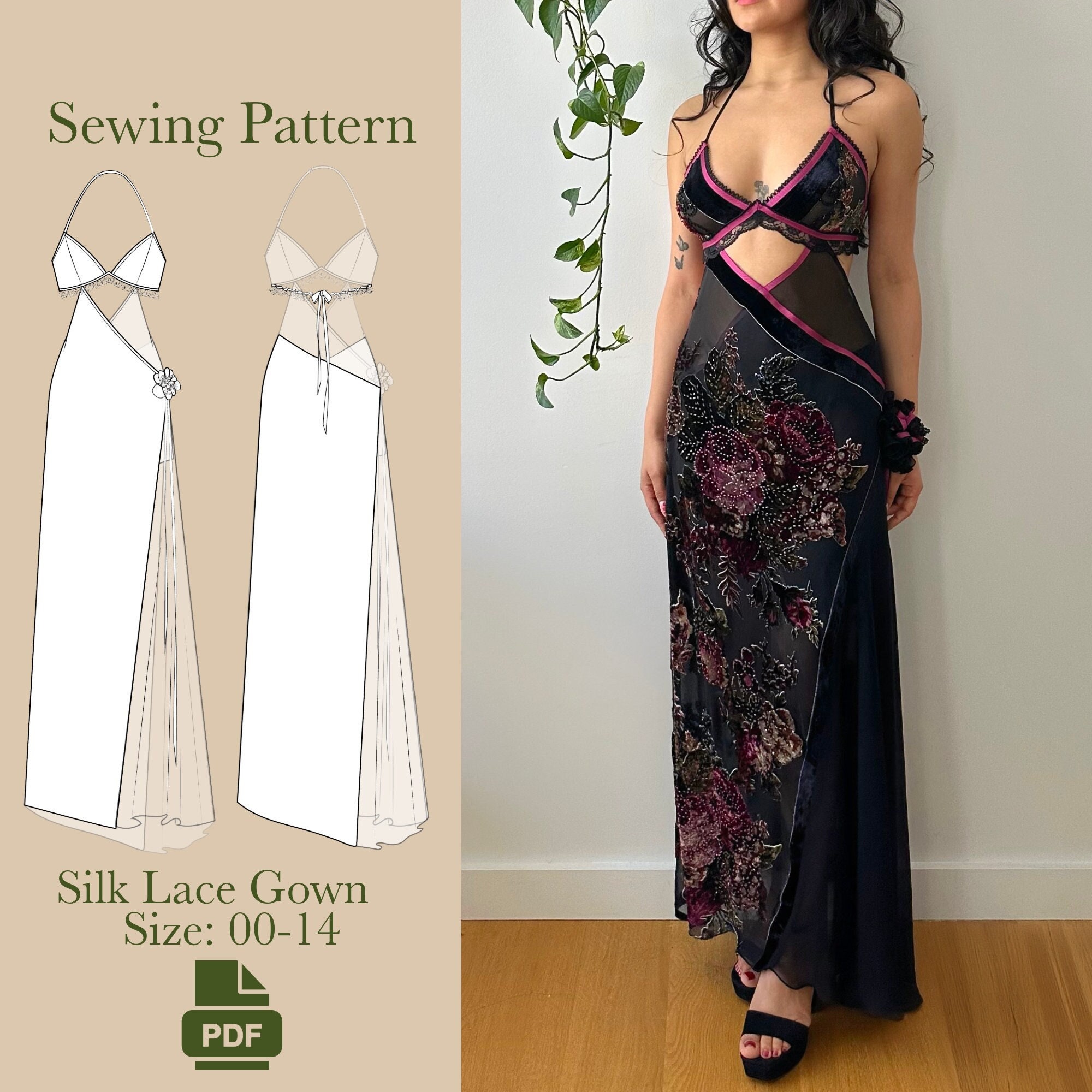 Silk Lace Gown Sewing Pattern PDF 00-14