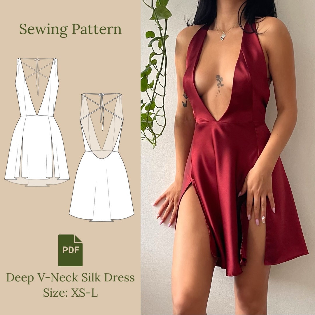 Deep V-neck Silk Dress Sewing Pattern PDF XS-L 