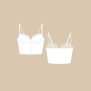 May include: A white lace crop top with a button-up front and adjustable straps. The top has a ruffled neckline and a fitted silhouette.