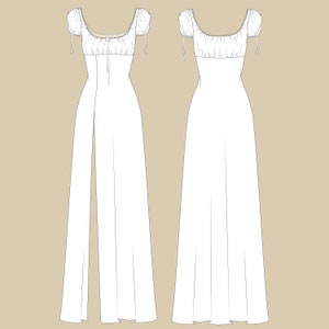 Op de afbeelding: Een witte maxi-jurk met een getailleerd lijfje en een zwierige rok. De jurk heeft een vierkante halslijn, korte gepofte mouwen en een strik in de taille. De rok heeft een split aan de voorkant.