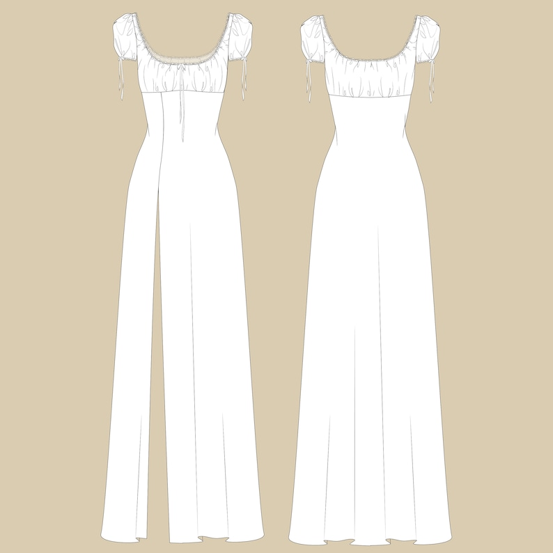Op de afbeelding: Een witte maxi-jurk met een getailleerd lijfje en een zwierige rok. De jurk heeft een vierkante halslijn, korte gepofte mouwen en een strik in de taille. De rok heeft een split aan de voorkant.