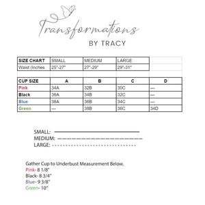 May include: Size chart for clothing with measurements in inches. The chart includes waist sizes for small, medium, and large, and cup sizes for A, B, C, and D. The chart is color-coded with pink, black, blue, and green.