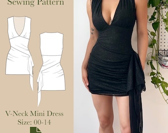 Peut inclure: Mini-robe noire à col en V avec un détail drapé sur le côté. La robe a une silhouette ajustée et un décolleté plongeant. L'image comprend également une illustration de patron de couture et le texte "V-Neck Mini Dress Size: 00-14".