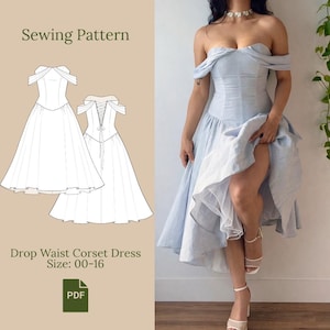 May include: A light blue drop waist corset dress. The dress features an off-the-shoulder design and a high-low hemline. The image also includes a sewing pattern illustration of the dress, with the text "Sewing Pattern" and "Drop Waist Corset Dress Size: 00-16".