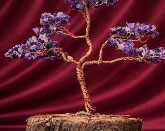 Árbol de cristal de amatista hecho a mano con alambre de cobre y raíz de piedras energéticas mixtas.