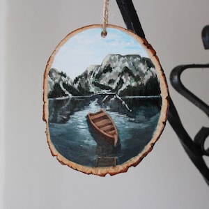Rustic Boat on the Lake Hand-Painted Wooden Christmas Ornament