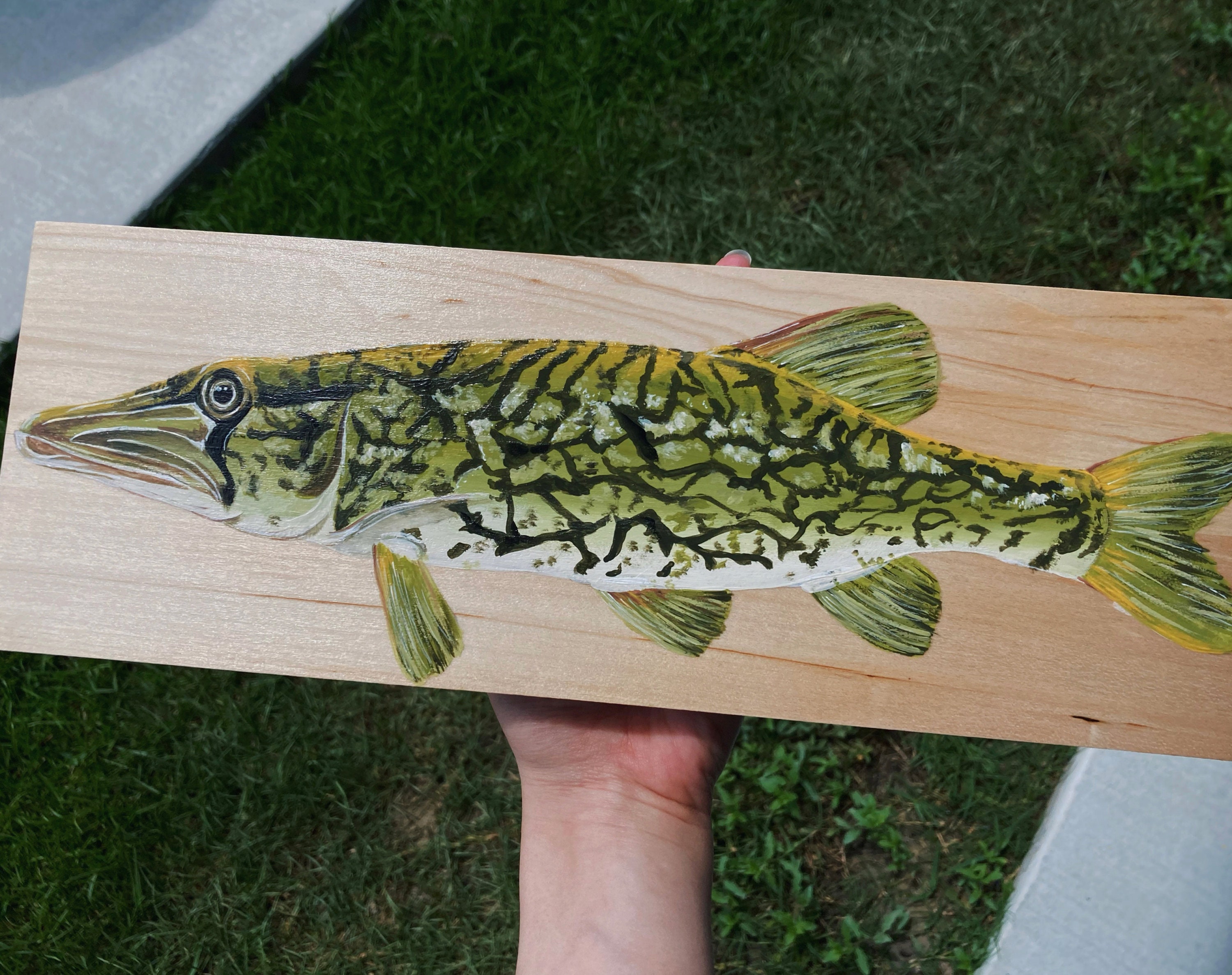 Fish Acrylic Painting on Wood, Pickerel- 14x5”