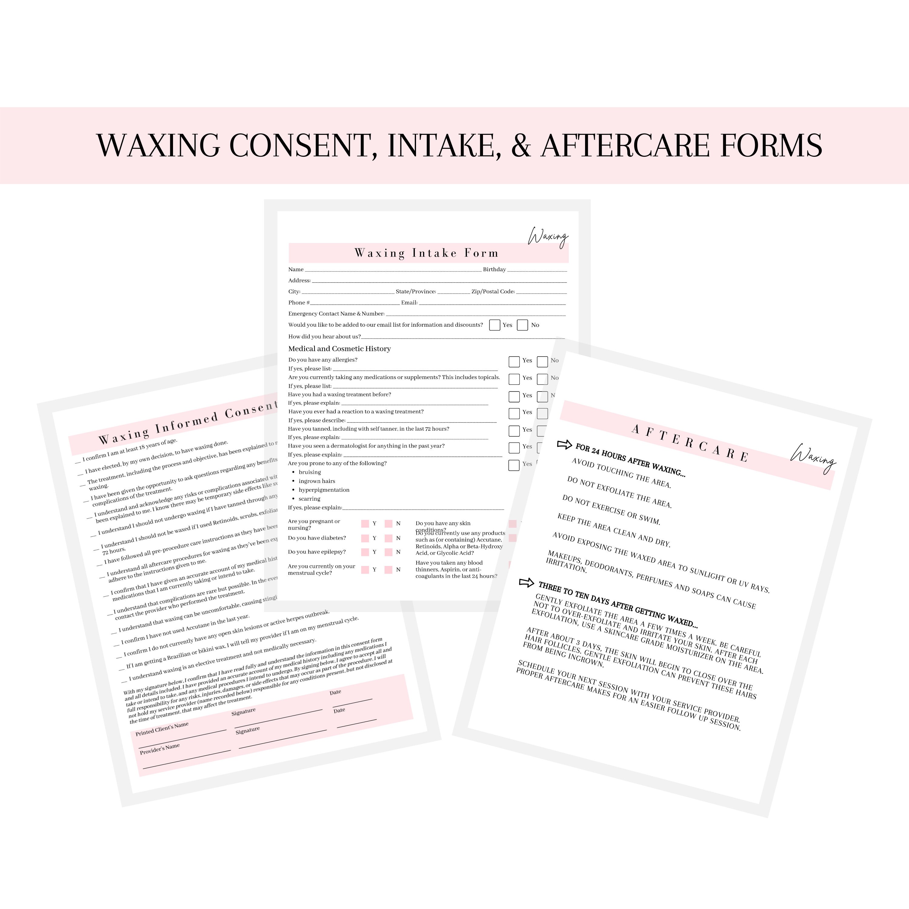waxing intake consent and aftercare form digital downloads etsy