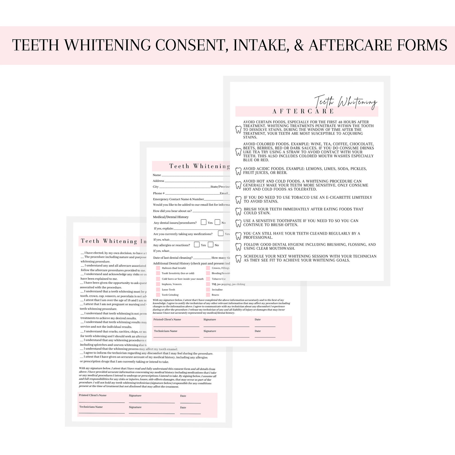 Teeth Whitening Intake Consent and Aftercare Forms Digital Etsy