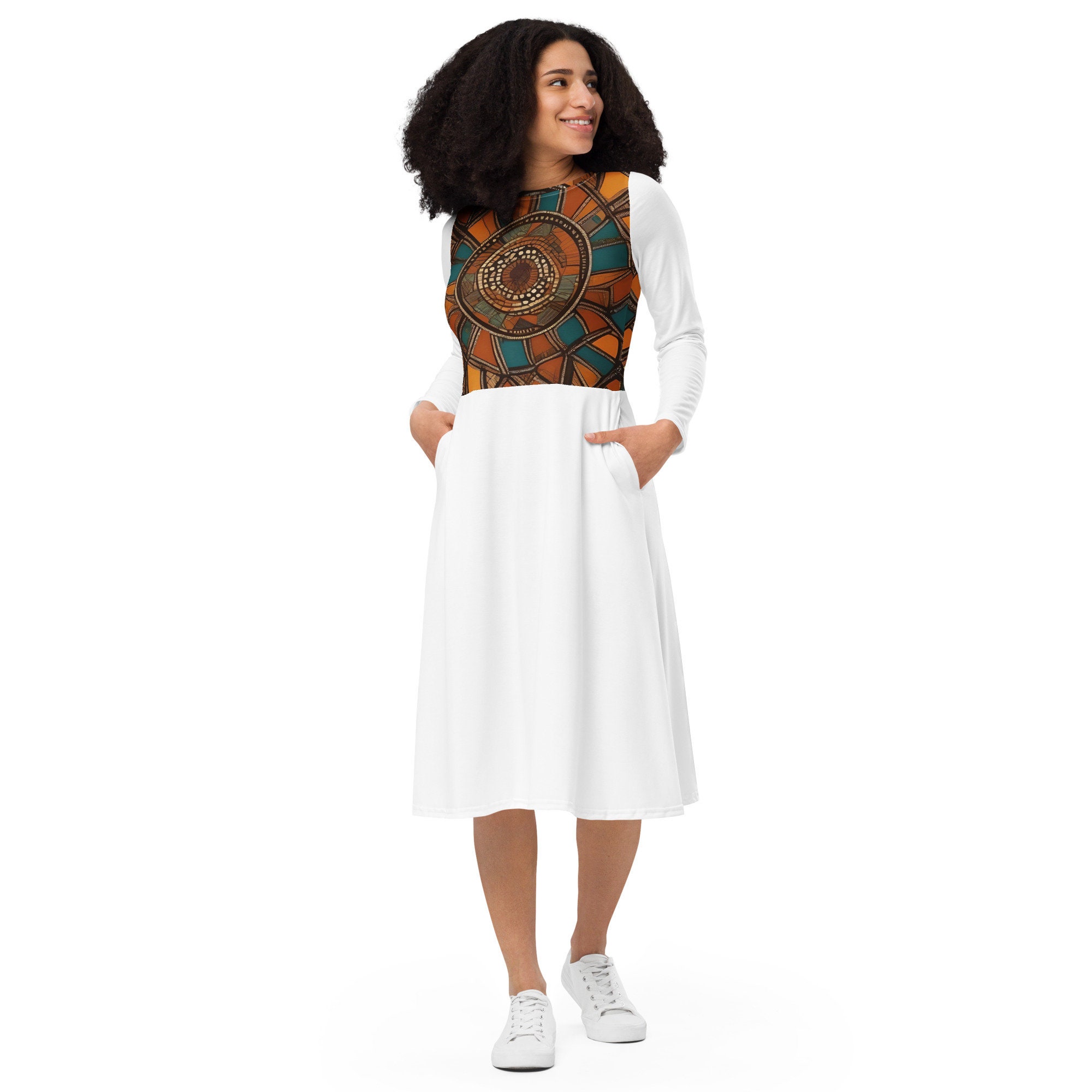 All-over print long sleeve midi dress