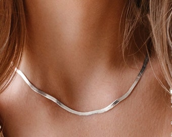 SOLID 925 STERLING Silver 3mm Herringbone Necklace (40cm, 45cm/ 16in, 18in) // Tarnish Resistant Chain Choker Thin Plain Flat Polished