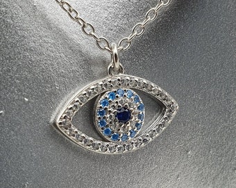 Solid 925 Sterling Silver Evil Eye Necklace w. Grade AAA Austrian Zircon (45cm/ 18in, Adjustable) // Protection Pendant, Turkish, Blue