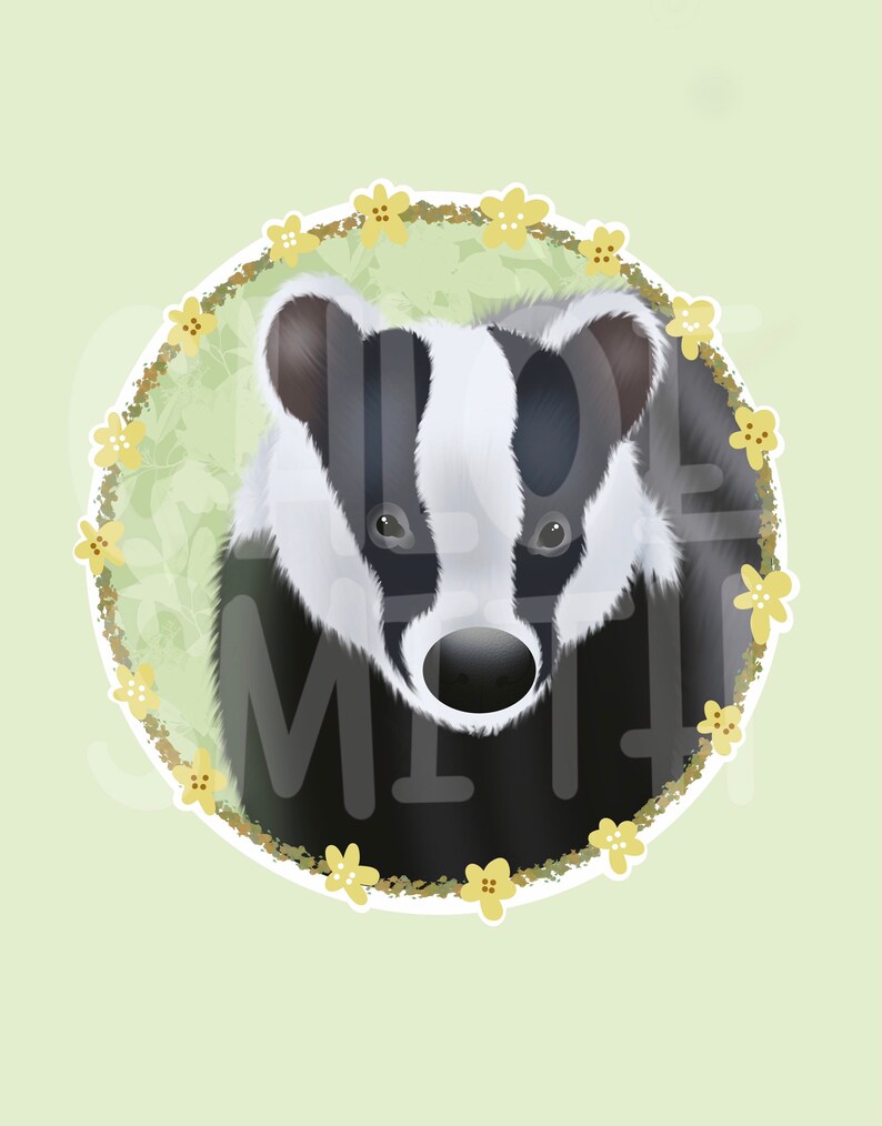 Floral Flower Plant Design Badger in Floral Wreath Art Print Illustrated Badger Gift Illustration Garden Home Wall Decor Nursery
