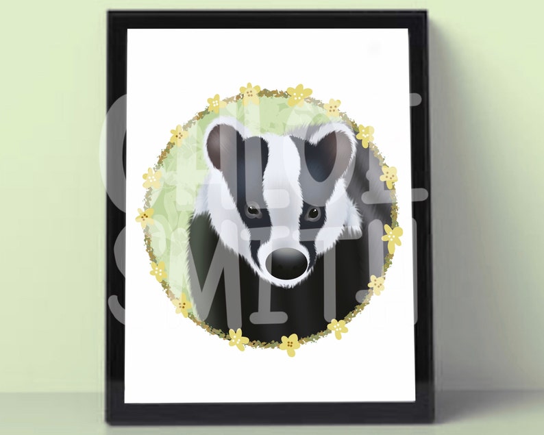 Floral Flower Plant Design Badger in Floral Wreath Art Print Illustrated Badger Gift Illustration Garden Home Wall Decor Nursery
