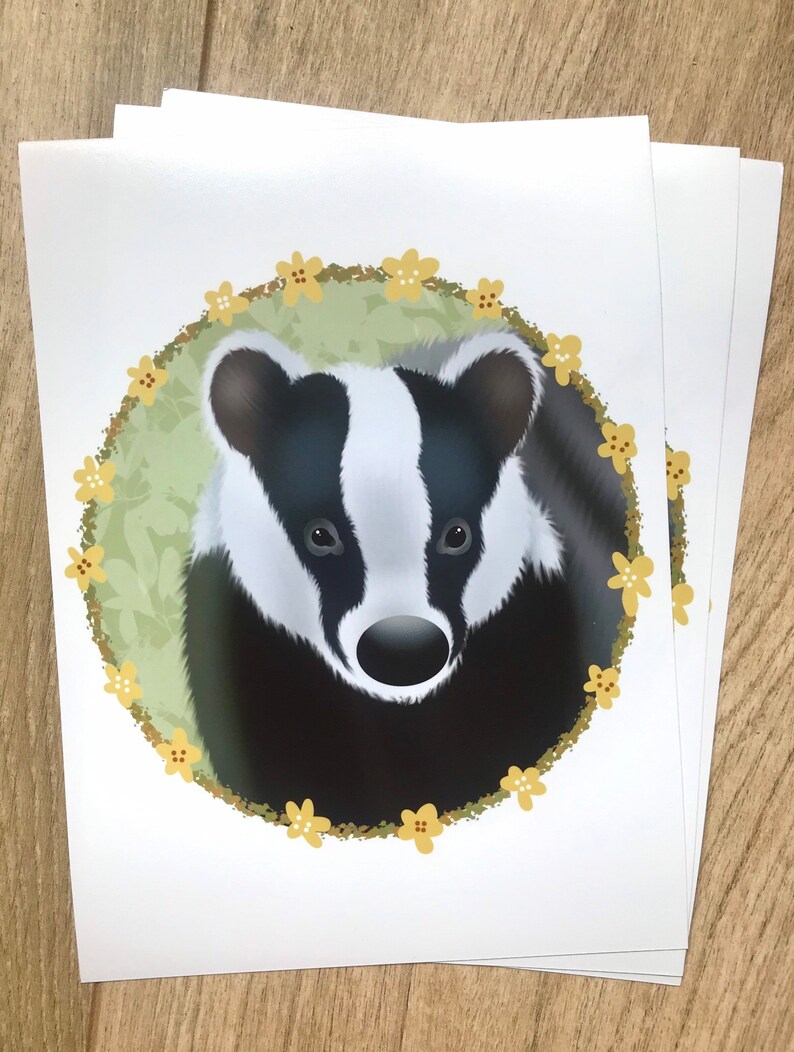 Floral Flower Plant Design Badger in Floral Wreath Art Print Illustrated Badger Gift Illustration Garden Home Wall Decor Nursery