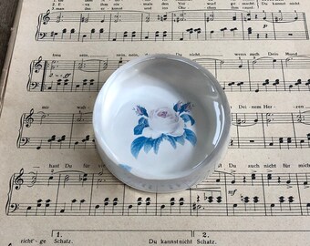 Vintage Clear Resin Paperweight, White Rose Desk Decor