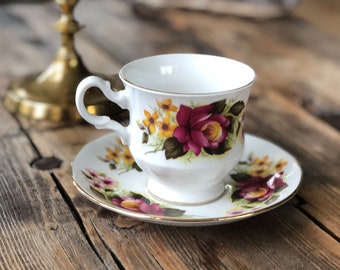 Vintage Royal Kent Bone China Tea Cup and Saucer, Rose Pattern (Slight Damage)
