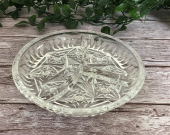 Plat à casse-croûte divisé vintage en verre taillé, plaque en cristal transparent