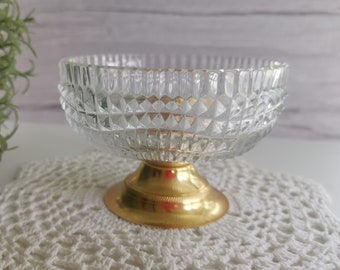 Vintage candy dish, solid crystal glass bowl with metal foot, trinket dish, sugar dish, plate for sweets