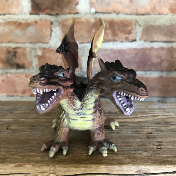 Vintage dragon figurine, plastic 2 head dinosaur toy figure, collectible monster dragon toy figurine,  double head brown dinosaur with wings