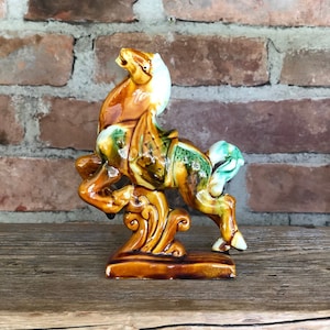 Vintage horse figurine, glazed ceramic horse statuette, brown porcelain pony statue, collectible horse figure