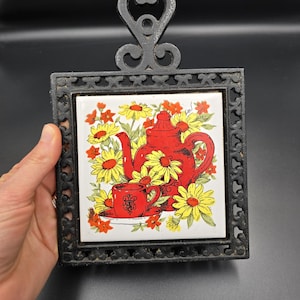Vintage metal trivet, metal and ceramic tile hot pot trivet, hot pot holder, hot pan tray, Square trivet