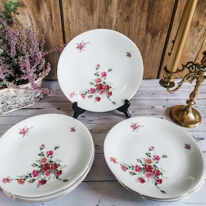 Vintage dinner plates, set of 6 PMR Jaeger & Co Bavaria serving plates, Germany porcelain lunch plates, dessert plates pink rose, gold trim