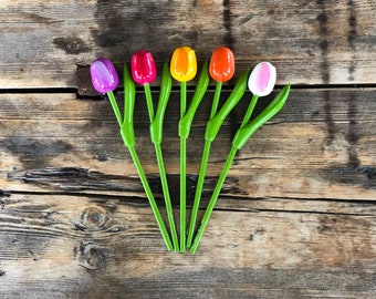 Wooden tulips, set of 5 spring tulips, 7.8'' flower table decor, handmade wood floral, gift for she