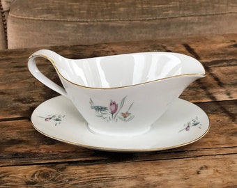 saucière vintage, plat de sauce Bavière en céramique avec motif floral, saucière avec garniture dorée, bol de sauce de service de table avec sous assiette