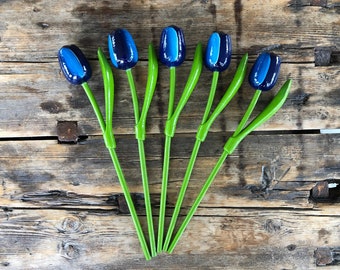 Wooden tulips, set of 5 blue tulips, 13.3&#39;&#39; flower table decor, handmade wood floral, gift for she