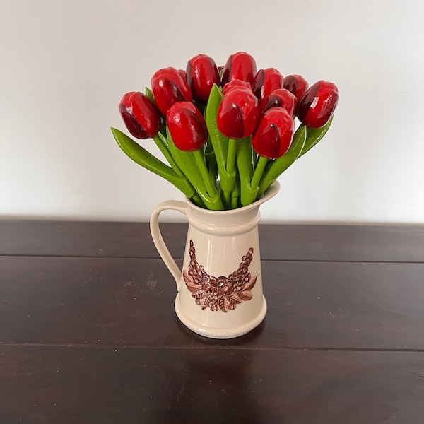 Wooden tulips, SELECT QUANTITY: dark red tulips, 7.8'' flower table decor, handmade wood floral, gift for she
