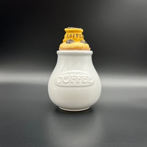 Vintage coffee jar, antique white ceramic coffee canister with lid, earthenware coffee dish, coffee storage container with cork lid
