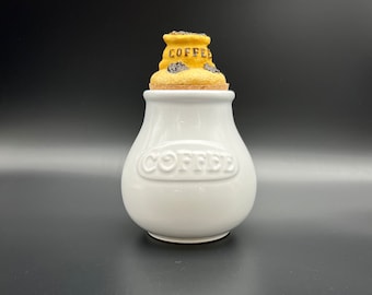 Vintage White Ceramic Coffee Jar, Earthenware Canister with Cork Lid