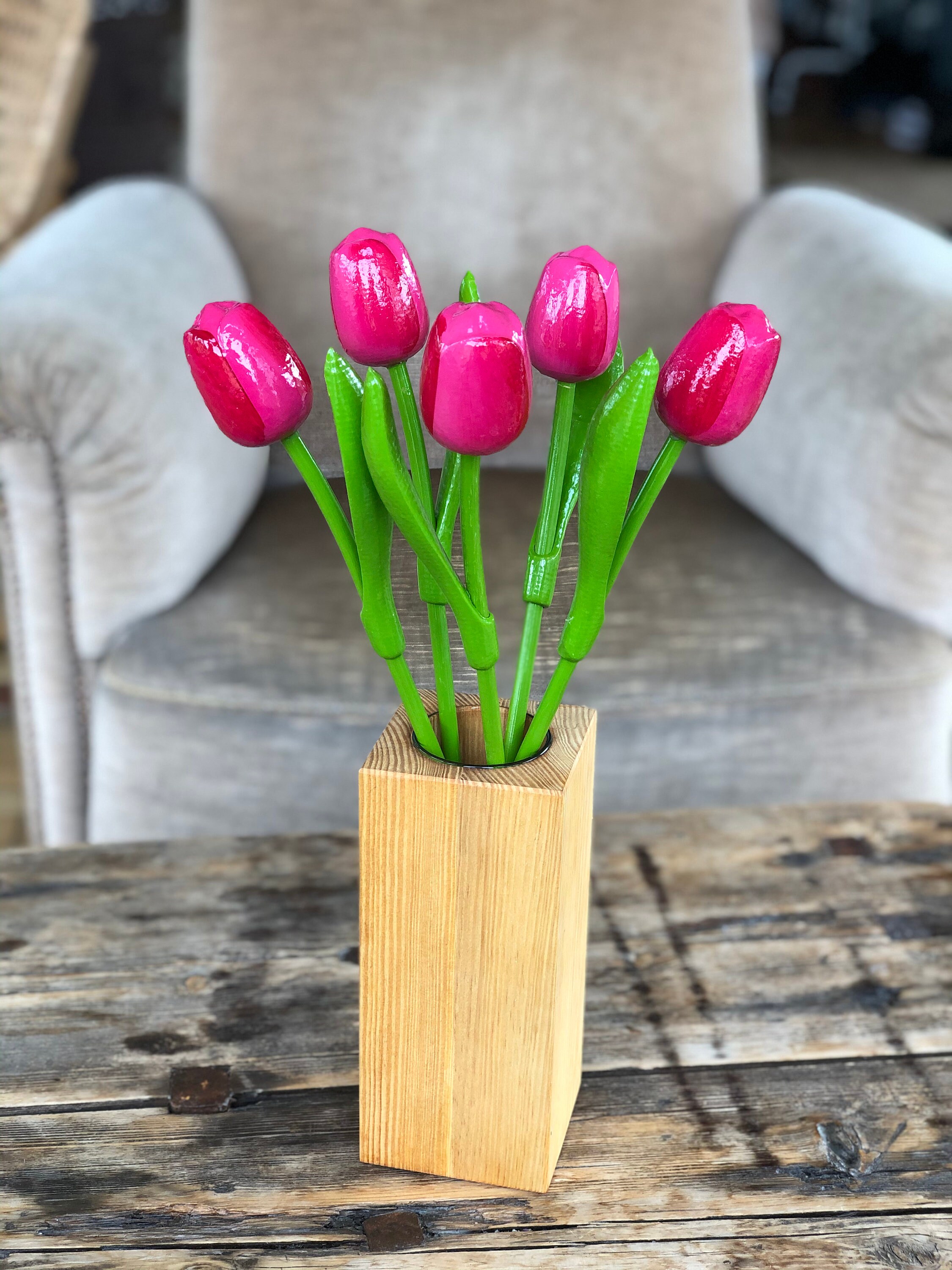 Wooden tulips set of 5 pink tulips 13.3'' flower Etsy