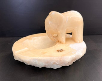 Vintage alabaster ashtray, very heavy elephante shape yellow alabstros stone ash dish, Alabastros Herna Spain cigarette ash tray