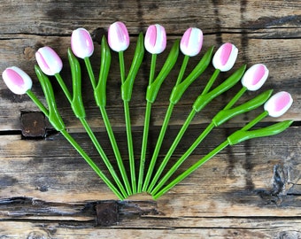 Wooden tulips, set of 9 white pink tulips, 7.8&#39;&#39; flower table decor, handmade wood floral, gift for she