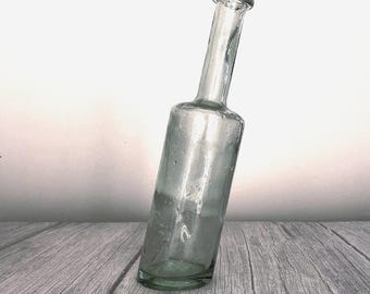 Vintage Clear Glass Souvenir Bottle Vase, Sloping Base (10.8")