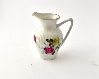 Vintage ceramic pitcher, China porcelain small milk pitcher with flower pattern, white small vase, coffee milk jug, white pink rose creamer